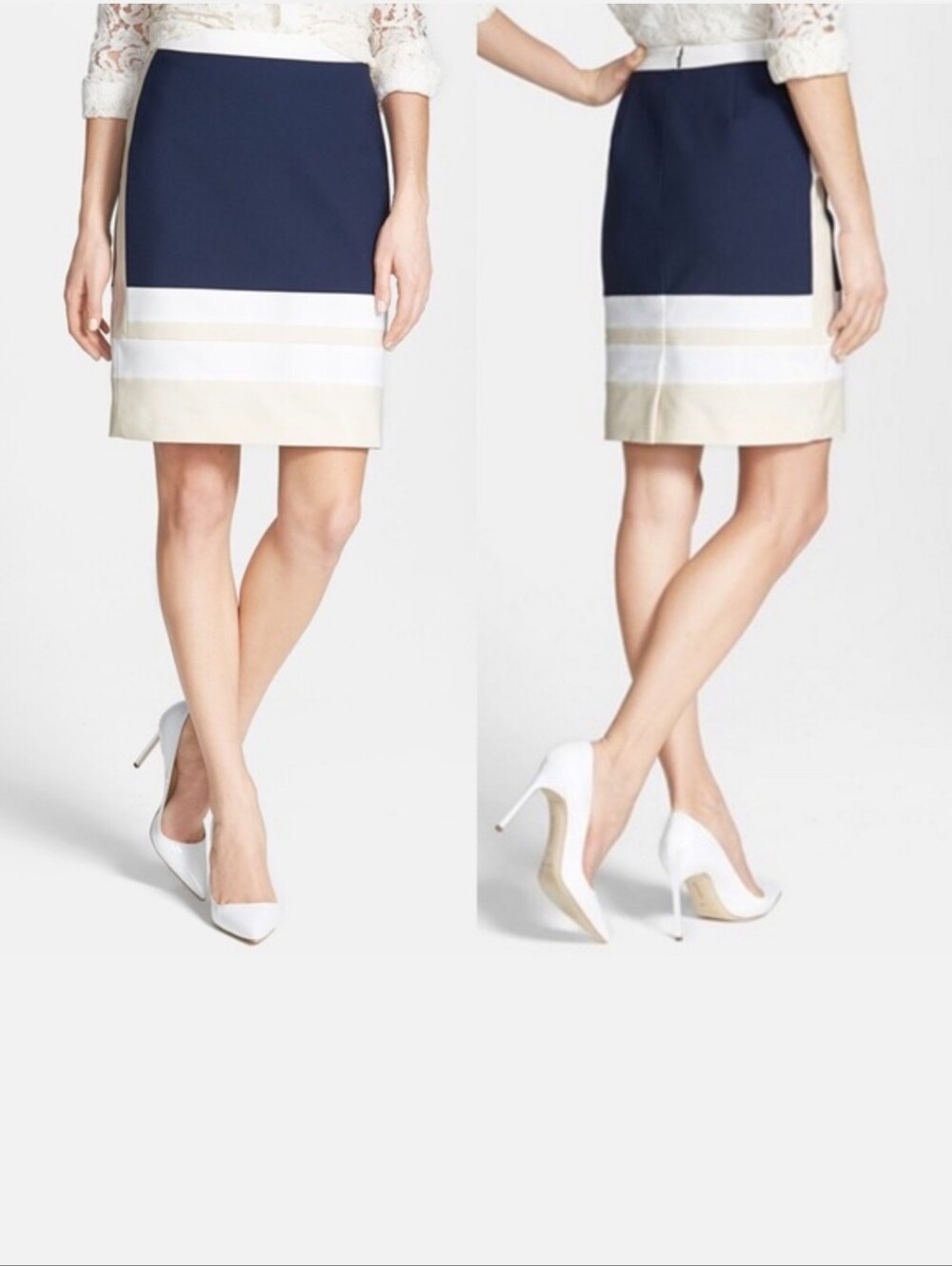 Halogen Nordstrom Color Block Pencil Skirt Navy Peacoat Cream Cotton Blend 14P